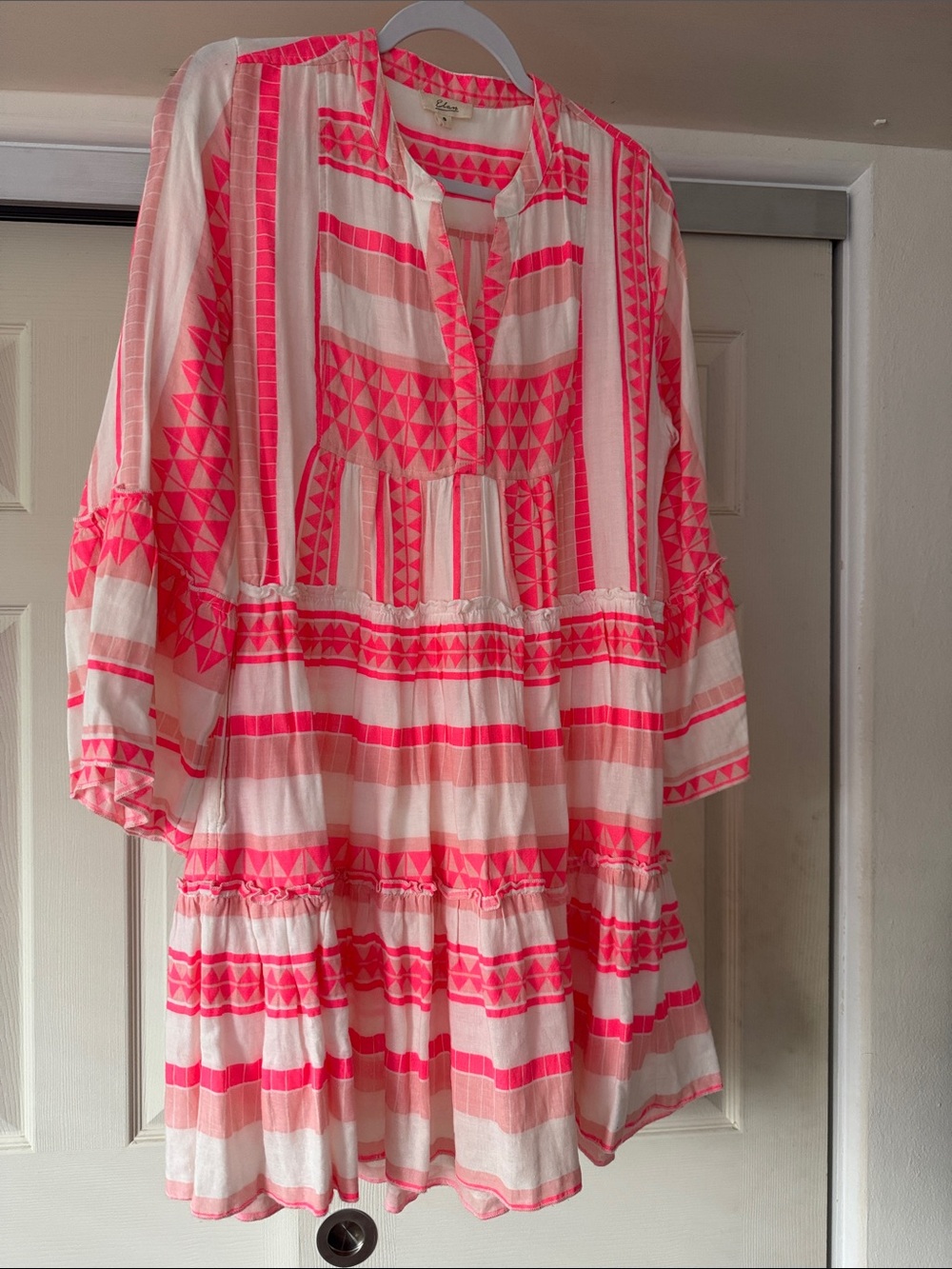 Elan White and Neon Pink Geo-Print Mini Dress